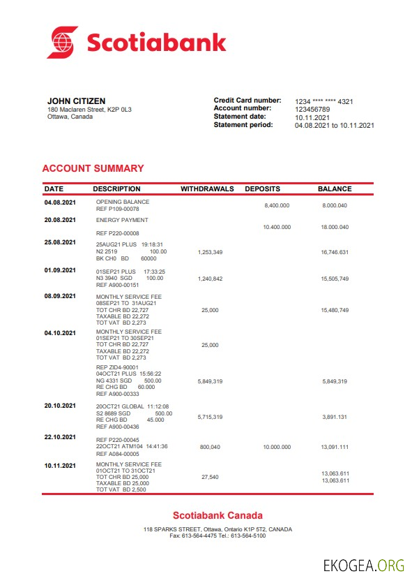 Modèle de relevé bancaire de la Banque Scotia du Canada au format Word et PDF